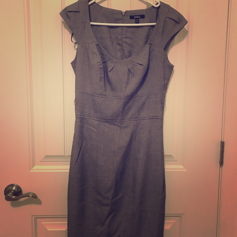 Grey, fitted, knee length dress